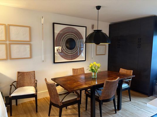 Dining room, Interior, Pendant Lights, Wood Texture Flooring