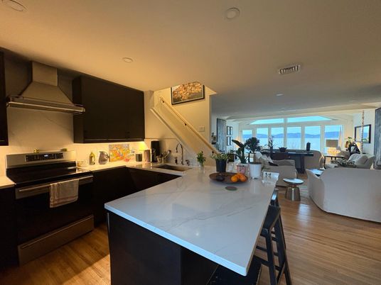 Dining room, Interior, Kitchen, Living room, Recessed Lighting, Stainless Steel Appliances, Wood Texture Flooring