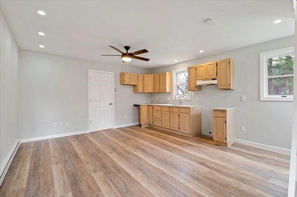 Empty room, Interior, Kitchen, Recessed Lighting, Wood Texture Flooring