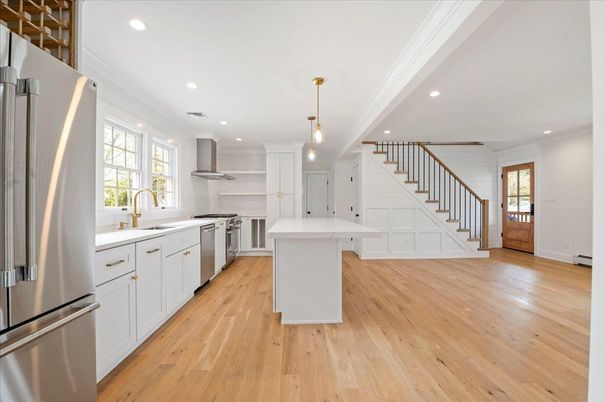 Interior, Kitchen, Pendant Lights, Recessed Lighting, Stainless Steel Appliances, Wood Texture Flooring