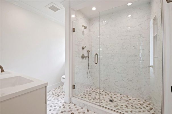 Bathroom, Glass Shower, Interior, Marble Walls, Recessed Lighting