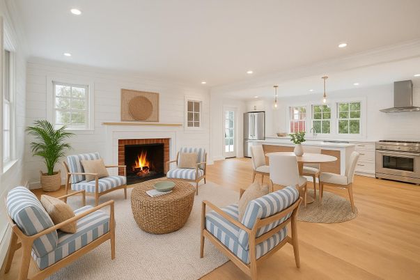 Dining room, Fireplace, Interior, Kitchen, Living room, Pendant Lights, Recessed Lighting, Stainless Steel Appliances, Wood Texture Flooring