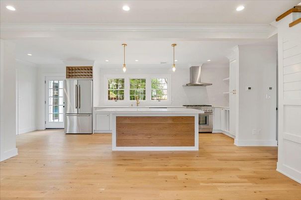 Interior, Kitchen, Pendant Lights, Recessed Lighting, Stainless Steel Appliances, Wood Texture Flooring
