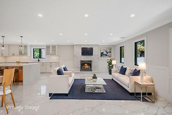 Fireplace, Interior, Kitchen, Living room, Marble, Pendant Lights, Recessed Lighting