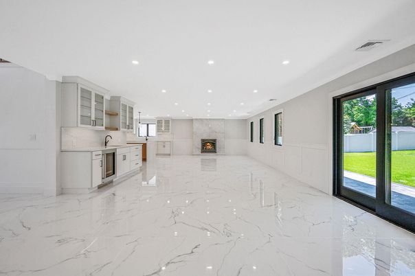 Empty room, Fireplace, Interior, Kitchen, Marble, Recessed Lighting