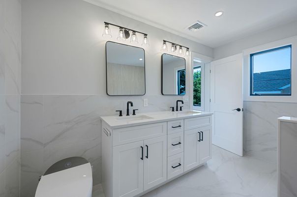 Bathroom, Dual Sink Vanities, Interior, Marble, Marble Walls, Recessed Lighting