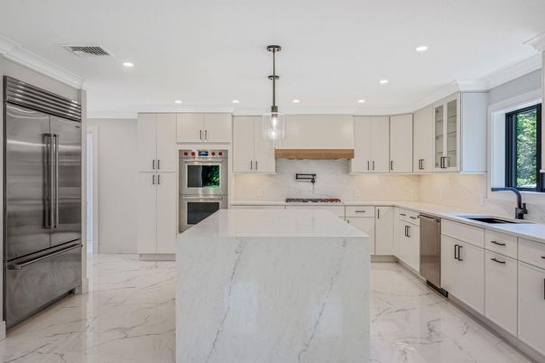 Interior, Kitchen, Marble, Pendant Lights, Recessed Lighting, Stainless Steel Appliances