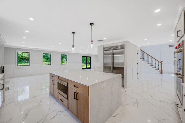 Interior, Kitchen, Marble, Pendant Lights, Recessed Lighting, Stainless Steel Appliances