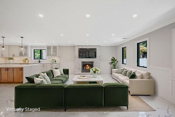 Fireplace, Interior, Kitchen, Living room, Marble, Pendant Lights, Recessed Lighting