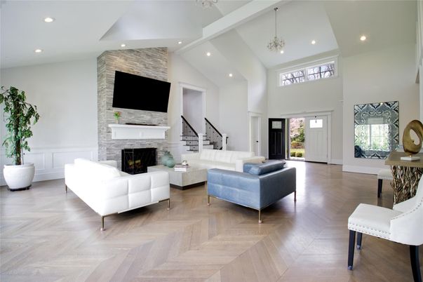 Fireplace, Interior, Living room, Pendant Lights, Recessed Lighting, Wood Texture Flooring