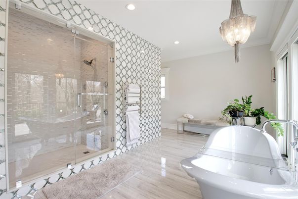 Bathroom, Free Standing Baths, Glass Shower, Interior, Recessed Lighting, Wood Texture Flooring