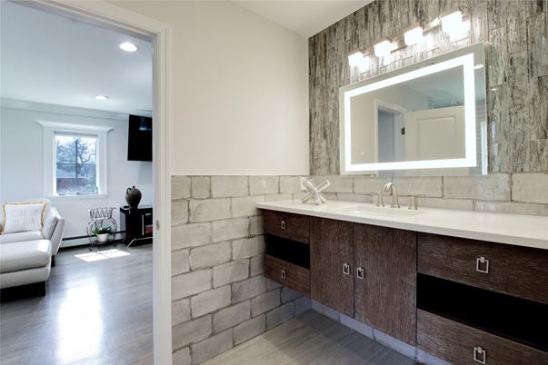 Bathroom, Interior, Recessed Lighting, Stone Walls, Wood Texture Flooring