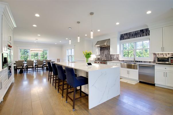 Dining room, Interior, Kitchen, Pendant Lights, Recessed Lighting, Stainless Steel Appliances, Wood Texture Flooring