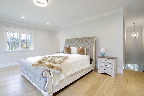 Bedroom, Interior, Pendant Lights, Recessed Lighting, Wood Texture Flooring