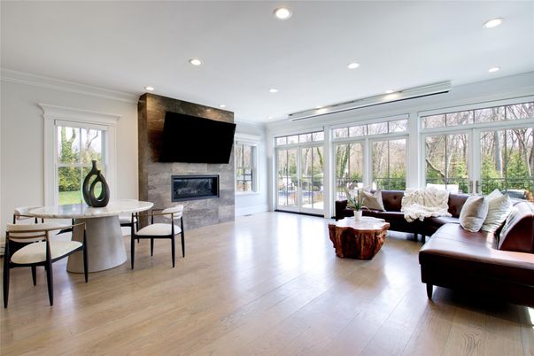 Dining room, Fireplace, Interior, Living room, Recessed Lighting, Wood Texture Flooring