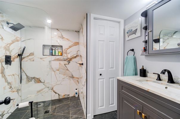 Bathroom, Glass Shower, Interior, Marble Walls, Recessed Lighting