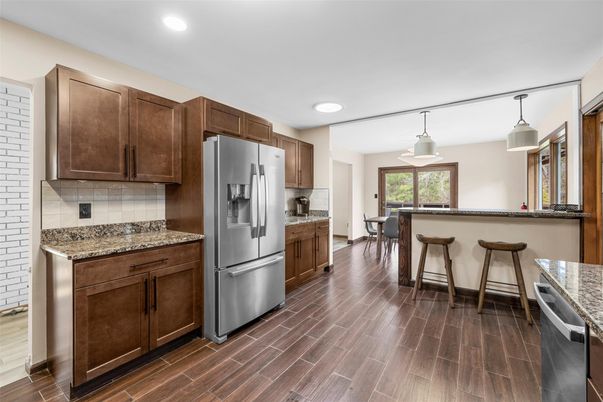 Interior, Kitchen, Pendant Lights, Recessed Lighting, Stainless Steel Appliances, Wood Texture Flooring