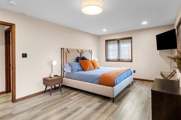 Bedroom, Interior, Recessed Lighting, Wood Texture Flooring