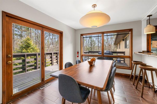 Dining room, Interior, Pendant Lights, Wood Texture Flooring