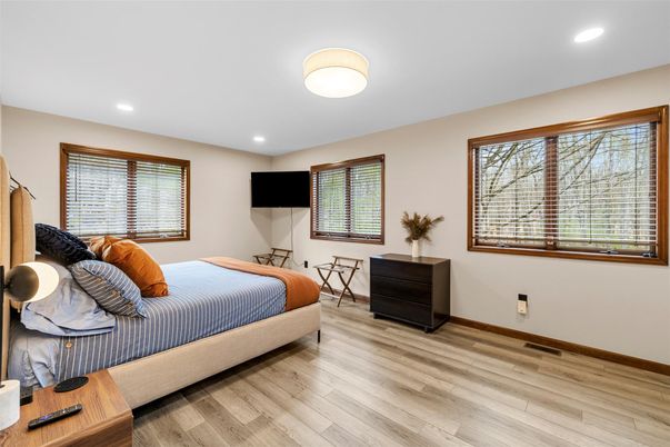 Bedroom, Interior, Recessed Lighting, Wood Texture Flooring