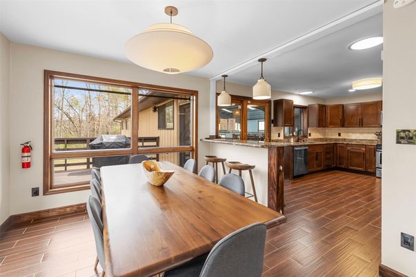 Dining room, Interior, Kitchen, Pendant Lights, Wood Texture Flooring