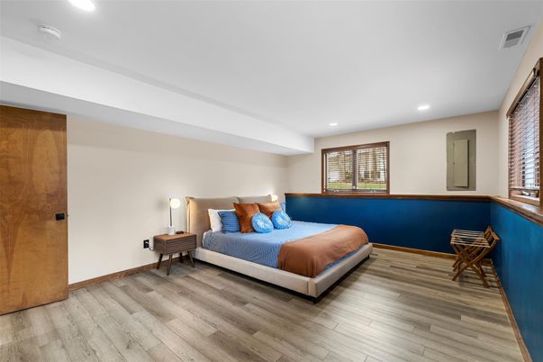 Bedroom, Interior, Recessed Lighting, Wood Texture Flooring