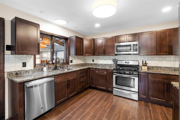 Interior, Kitchen, Recessed Lighting, Stainless Steel Appliances, Wood Texture Flooring