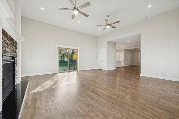 Empty room, Fireplace, Interior, Recessed Lighting, Wood Texture Flooring