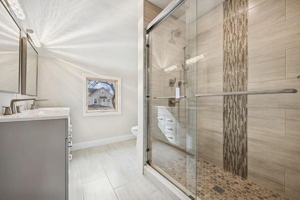 Bathroom, Glass Shower, Interior, Wood Texture Flooring