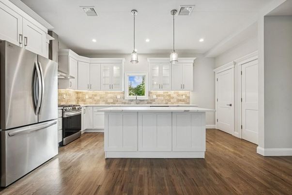 Interior, Kitchen, Pendant Lights, Recessed Lighting, Stainless Steel Appliances, Wood Texture Flooring