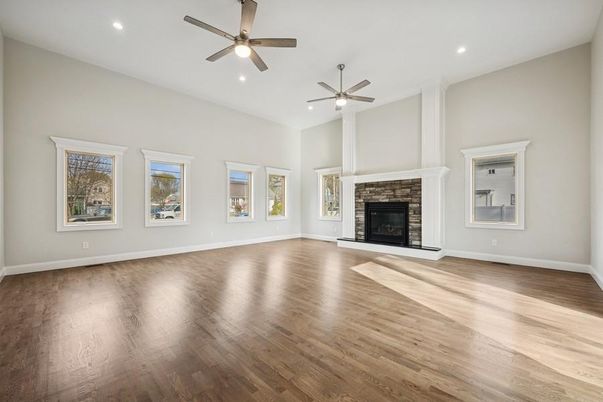 Empty room, Fireplace, Interior, Recessed Lighting, Wood Texture Flooring