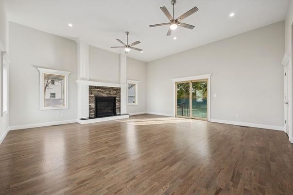Empty room, Fireplace, Interior, Recessed Lighting, Wood Texture Flooring