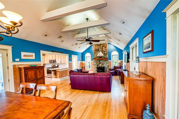 Fireplace, Interior, Kitchen, Living room, Recessed Lighting, Wood Texture Flooring