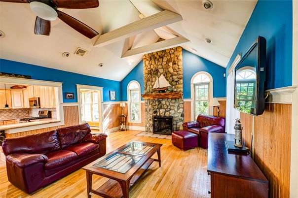 Fireplace, Interior, Kitchen, Living room, Recessed Lighting, Stone Walls, Wooden Beams, Wood Texture Flooring