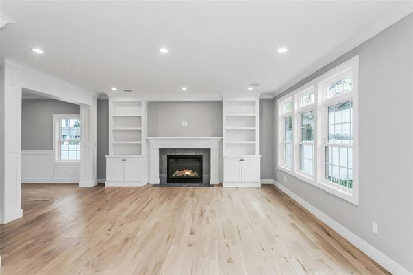 Empty room, Fireplace, Interior, Recessed Lighting, Wood Texture Flooring