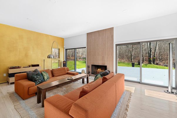 Fireplace, Interior, Living room, Recessed Lighting, Wood Texture Flooring