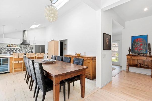 Chandelier, Dining room, Interior, Kitchen, Pendant Lights, Recessed Lighting, Stainless Steel Appliances, Wood Texture Flooring