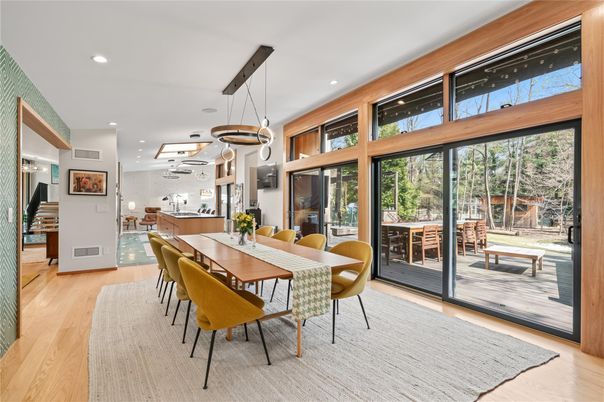 Dining room, Interior, Pendant Lights, Recessed Lighting, Wood Texture Flooring