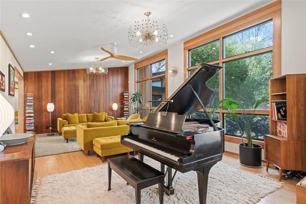 Interior, Living room, Piano, Recessed Lighting, Wood Texture Flooring, Wooden Walls