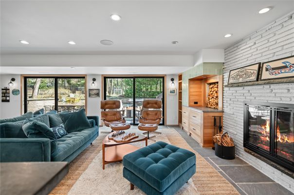 Fireplace, Interior, Living room, Recessed Lighting, Stone Walls