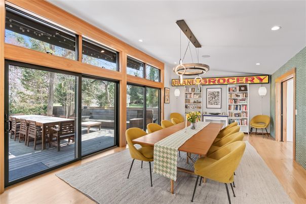 Dining room, Interior, Pendant Lights, Recessed Lighting, Wood Texture Flooring