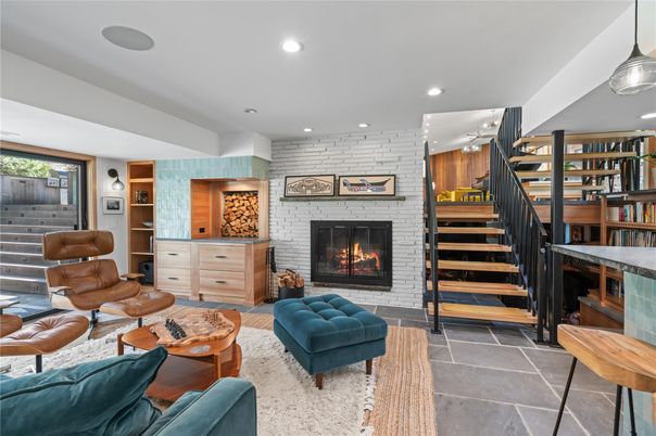 Fireplace, Interior, Living room, Pendant Lights, Recessed Lighting, Stone Walls