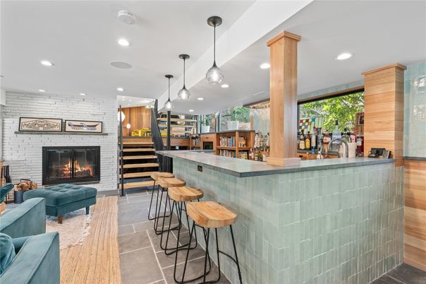 Fireplace, Interior, Kitchen, Pendant Lights, Recessed Lighting, Stone Walls