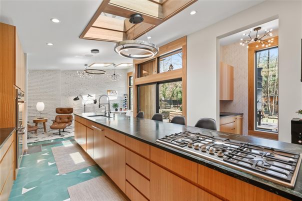 Dining room, Interior, Kitchen, Pendant Lights, Recessed Lighting, Stainless Steel Appliances, Stone Walls