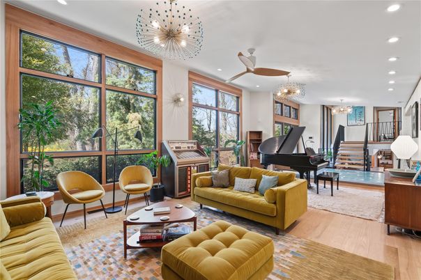 Chandelier, Interior, Living room, Piano, Recessed Lighting, Wood Texture Flooring