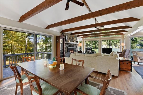 Dining room, Fireplace, Interior, Living room, Wooden Beams, Wood Texture Flooring