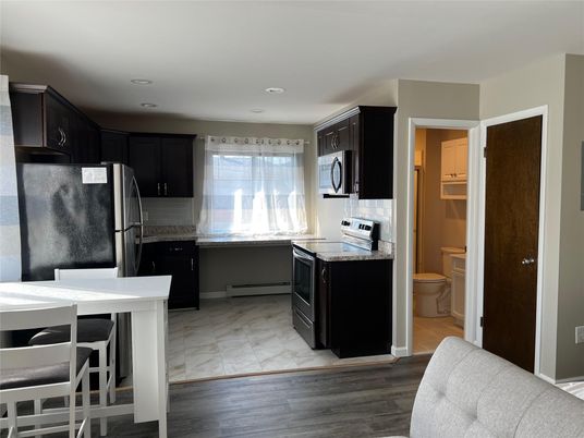 Interior, Kitchen, Marble, Recessed Lighting, Wood Texture Flooring