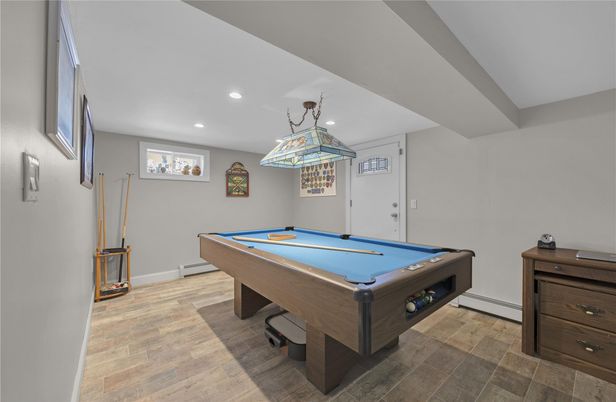 Billiard Table, Game Room, Interior, Pendant Lights, Recessed Lighting, Wood Texture Flooring