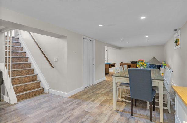 Dining room, Interior, Recessed Lighting, Wood Texture Flooring