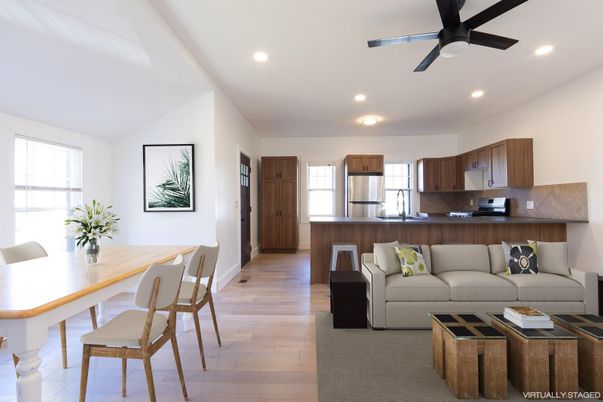 Dining room, Interior, Kitchen, Living room, Recessed Lighting, Stainless Steel Appliances, Wood Texture Flooring